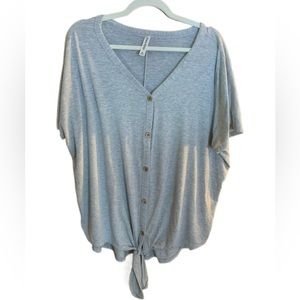 Heather Grey Button Down V Neck w/ Front Knot
